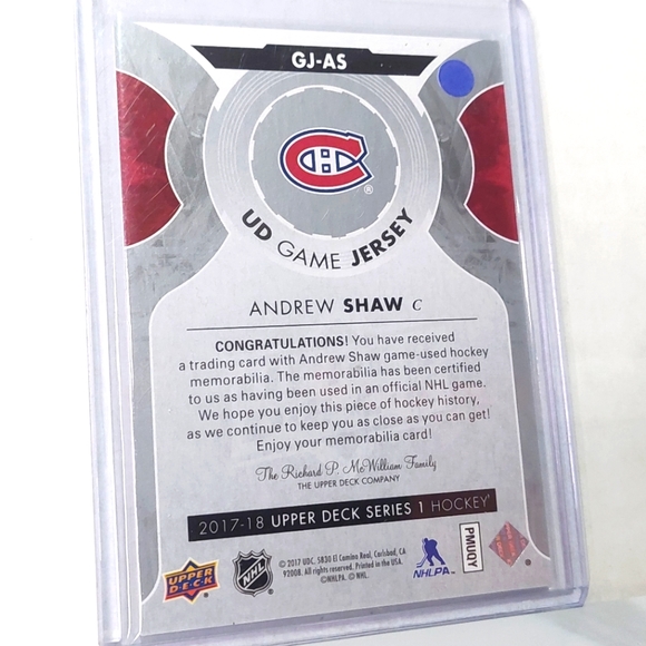 Andrew Shaw Upper Deck Game-Used Jersey Hockey Card Montreal Canadiens 2017/18 - Picture 2 of 2